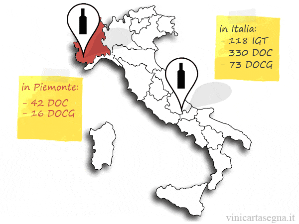 Mappa dei vini a denominazione di origine in Italia e in Piemonte