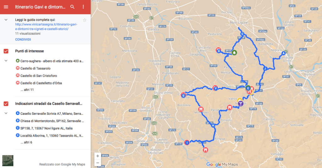 Vai alla mappa su Google e segui l'itinerario tra vigneti e castelli nei dintorni di Gavi