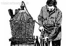 Disegno al tratto in bianco e nero di un uomo che imbottiglia il vino sfuso travasando il vino da una damigiana alle bottiglie utilizzando una cantabrina