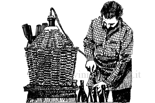 Disegno al tratto in bianco e nero di un uomo che imbottiglia il vino sfuso travasando il vino da una damigiana alle bottiglie utilizzando una cantabrina