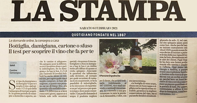 Cantica Cartasegna - Vini Gavi su "La Stampa"