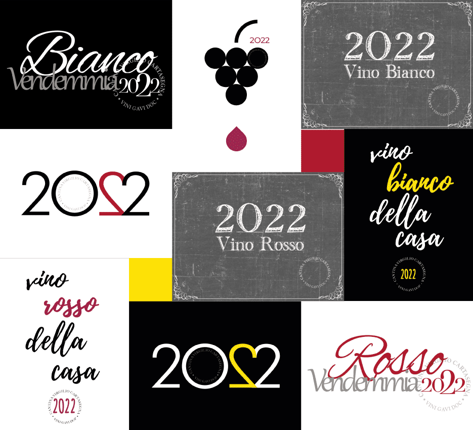 Mosaico di etichette per bottiglie di vino della vendemmia 2022. Ner riquadro compaiono nove etichette due a sfondo grigio, tre a sfondo nero e quattro a sfondo bianco.