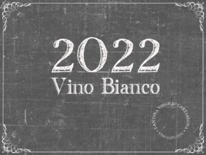 Etichetta per bottiglie di vino con sfondo grigio lavagna ad effetto graffiato e cornice vintage. Scritta "2022 - Vino Bianco" con carattere stampatello simile ad una scritta con il gesso