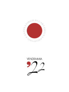 Etichetta per bottiglie di vino con sfondo bianco e un cerchio rosso all'interno del logo Cantina Cartasegna. In basso si trova la scritta in stampatello nero "vendemmia" e il numero 22 preceduto da un apostrofo rosso.
