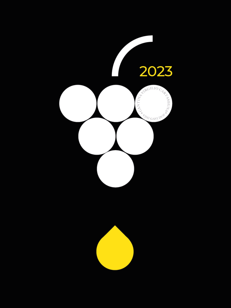 Etichetta per bottiglie di vino: su sfondo nero da un grappolo d'uva bianco, stilizzato cade una goccia gialla. Anno 2023
