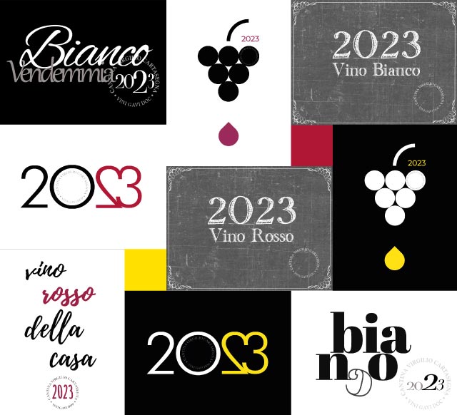 mosaico di etichette per vino bianco e rosso: scegli l'etichetta che preferisci, stampa il pdf e applicala